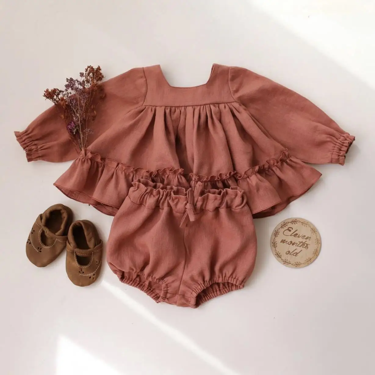 Spring Baby Girls Outfit Newborn Toddler Child Clothes Set Dresses Ruffle Long Sleeve Cotton Linen Infant Romper Bodysuit 6-36M