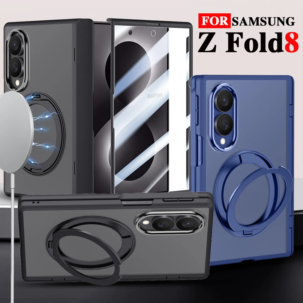 Magnetic Phone Case For Samsung Z Fold 8 Matte Semi‑Transparent Metal Kickstand Camera Lens Front Screen Glass Wireless Charging
