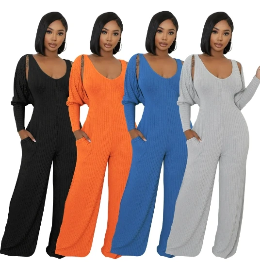 Women's Tracksuits Autumn Knitted O-Neck Wide Leg Jumpsuits + Full Sleeve Sweater Coats Street Casual Two 2 Piece Set Outfit