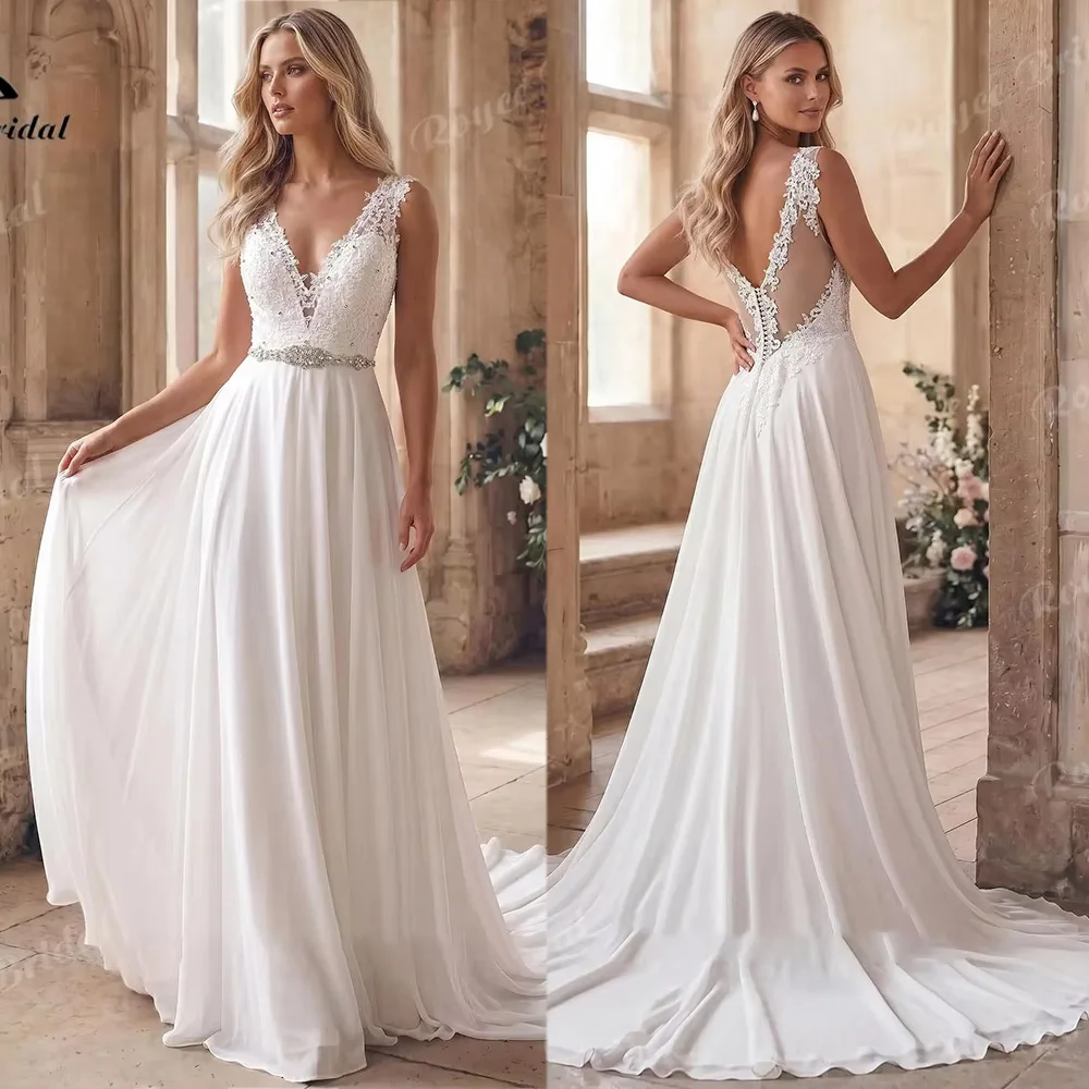 A Line Chiffon Wedding Dress Deep V Neck Sleeveless Lace Applique Bodice Beaded Waistband Romantic Vestido De Novia Customized