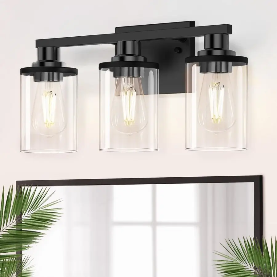 

17-дюймовые светильники для ванной комнаты, 3-световые черные светильники для ванной комнаты над зеркалом с абажуром из прозрачного стекла, светильники для туалетного столика для B