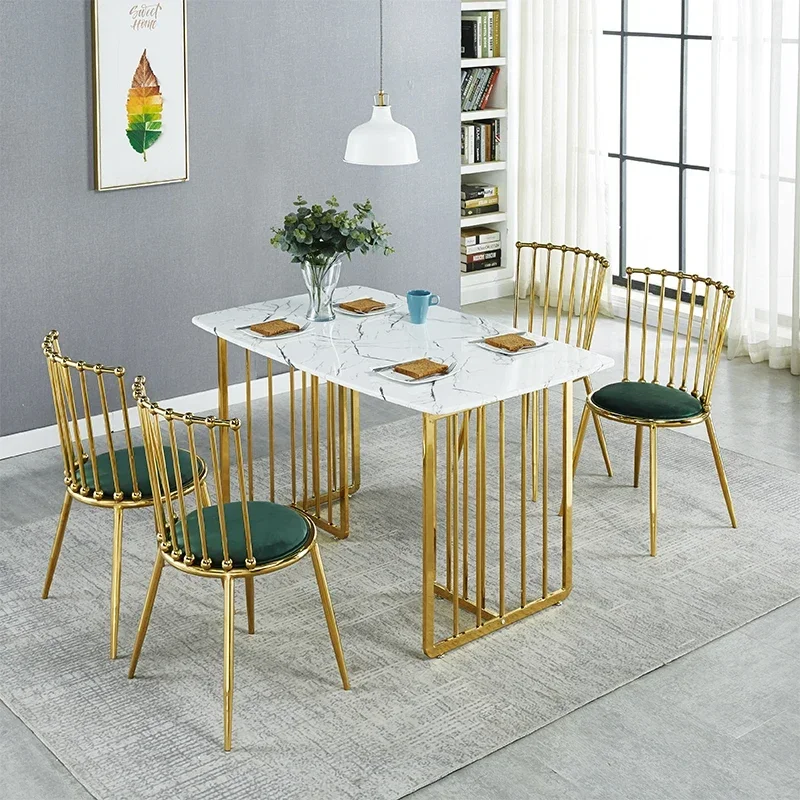 

-High-end Restaurant Marble Dining Table And Chair Combination Nordic Simple Stainless Steel Gold-plated Luxury Wrought Iron