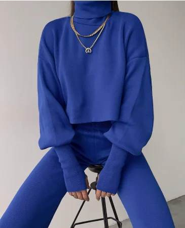 Casual Sports Style 2 Piece Set Loose Solid Color Turtleneck Lantern Sleeve Sweater High Waist Trousers Knitted Suit For Women