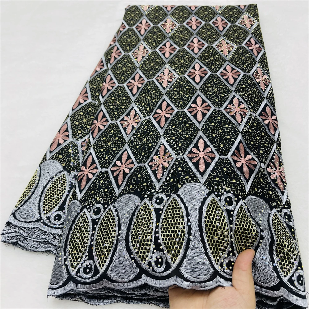 

African Lace Swiss Voile Embroidery With Stones Luxury Voile Lace Fabric Women Dress Sewing Material 5 Yards