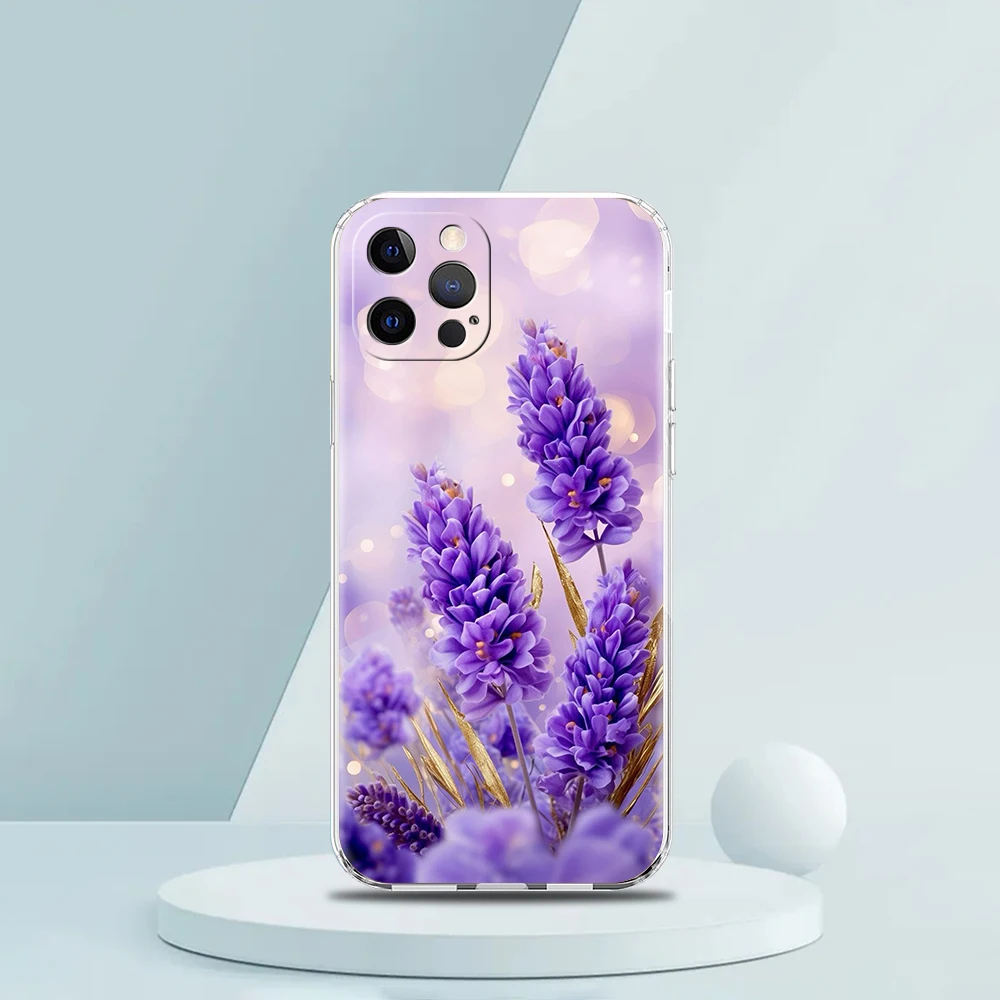 حافظة هاتف شفافة ناعمة من البولي يوريثان لهاتف آيفون 16 15 14 13 12 11 Pro Max XR 8 7 Plus XR حقائب بنمط الخزامى المقاوم للصدمات