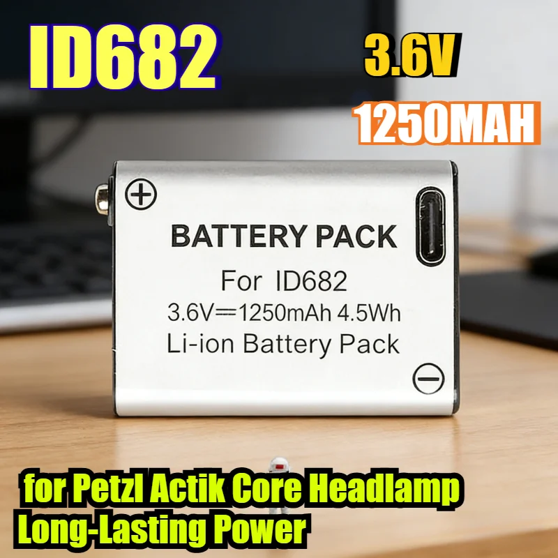 Batería Recargable ID682 de Alta Capacidad de 1250 mAh para Linterna Frontal Petzl Actik Core, Energía de Larga Duración con Carga Tpcy-c-USB