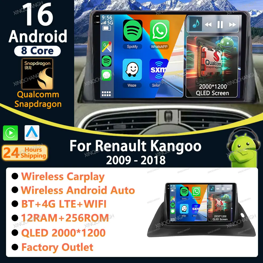 Автомагнитола Android 16 с Carplay и Auto для Renault Kangoo 2009-2018, GPS, Bluetooth, 2DIN, мультимедийный видеоплеер, 4G, Wi-Fi