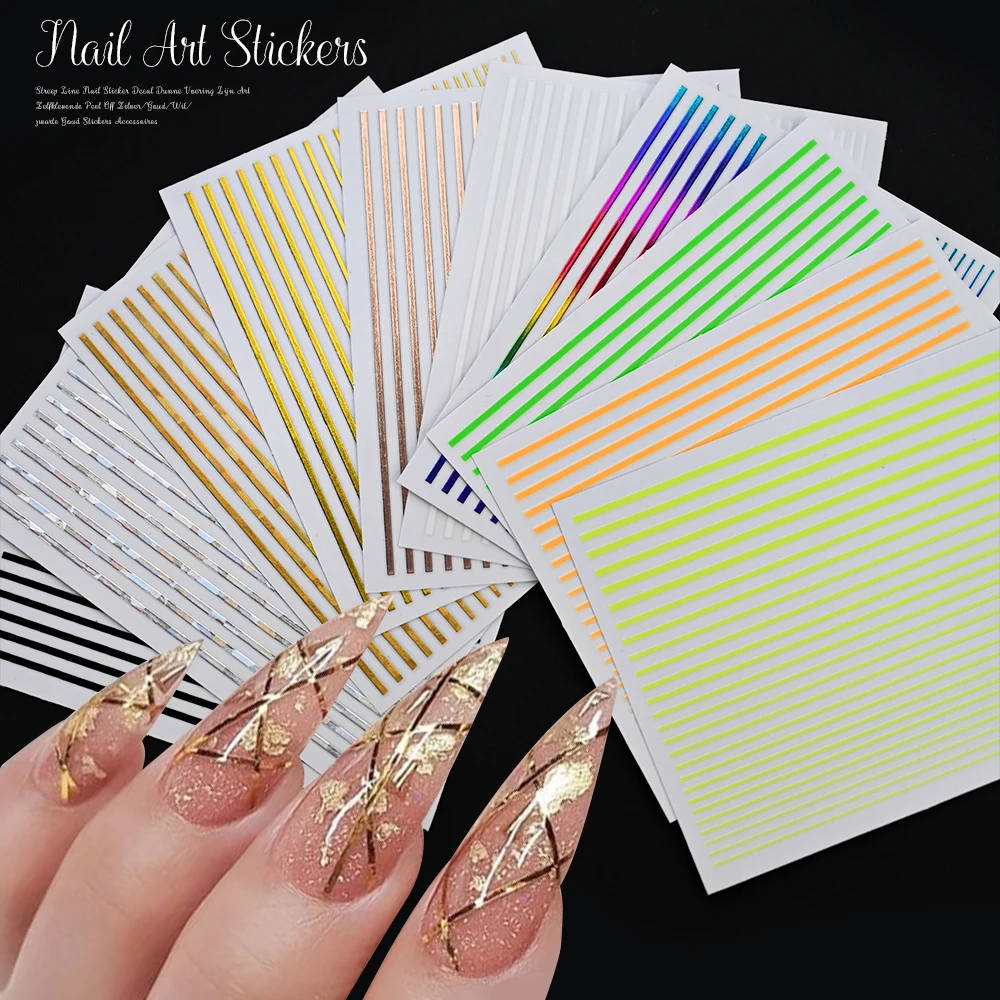 12Pcs/set Silver Gold Lines Stripe 3D Nail Sticker French Tips Metal Stripe Adhesive Slider Simple Lines Manicure Decals