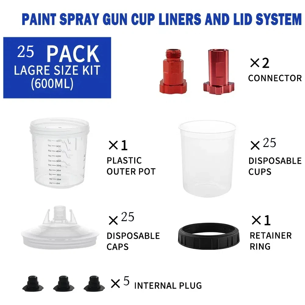 15/25Pcs Spray Gun Paint Mixing Cup Quick Change Tool Spray Gun Tank 600ML Disposable Paint Cup Accurate Scale With Sealing Plug