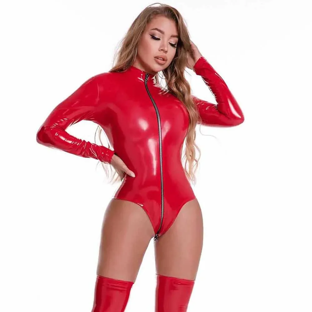 

Women Sexy Double Zipper Sexy Open Crotch PVC Leather Bodysuit Ladies Shiny Sheath Latex Leotard Erotic Below Crotchless Catsuit