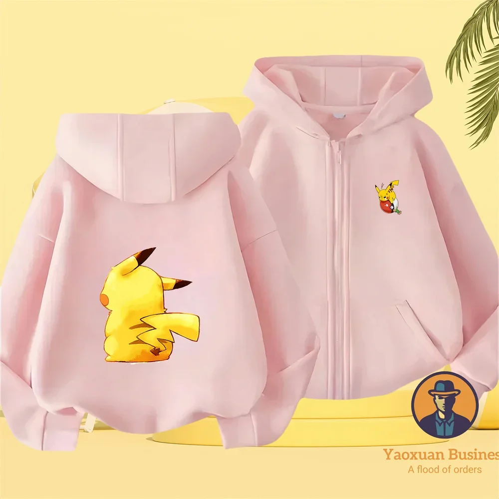 Sudadera con Capucha de Algodón Puro con Cierre de Cremallera, Estilo Casual Urbano, Diseño de Pikachu, Moda Anime para Niños, Otoño-Invierno 2026