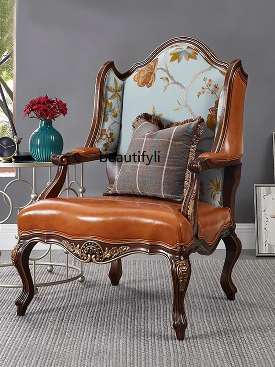 

American Light Luxury Solid Wood Single Sofa Living Room Chair Bedroom Leisure Sofa First Layer Cowhide