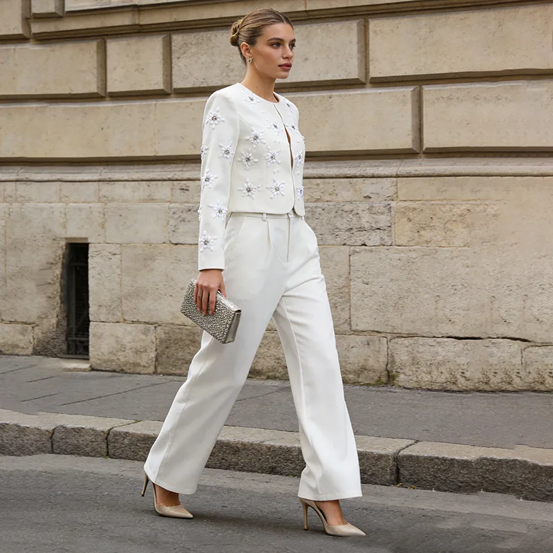 

3D Decoration Elegant Commuter Style Short Top and Long Pants Blazer Two-Piece Set Women's Suit Casual Slim Fit Outfit