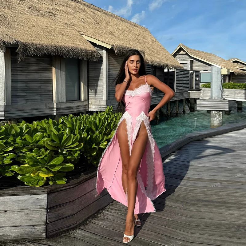 

Sexy Lace Satin Slit Dress 2025 Summer New Fashion Bodycon High Split Evening Dress Women's Elegant Clubwear Party Gown