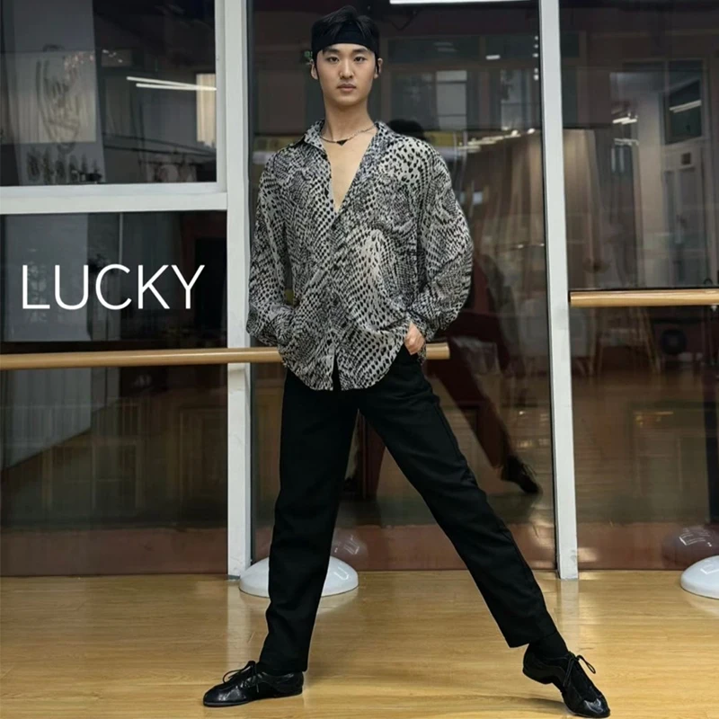 Latin Dance Clothing Adult Male Practice Tops Snake Print Shirts Long Sleeves Shirts Loose Practice Clothes Men Rumba DNV25842