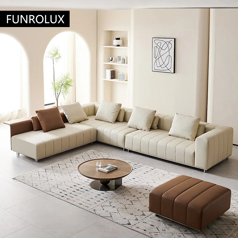 Modern Simple Piano Key Sofa Living Room Four People Head Layer Cowhide Inline Corner Leather Sofa