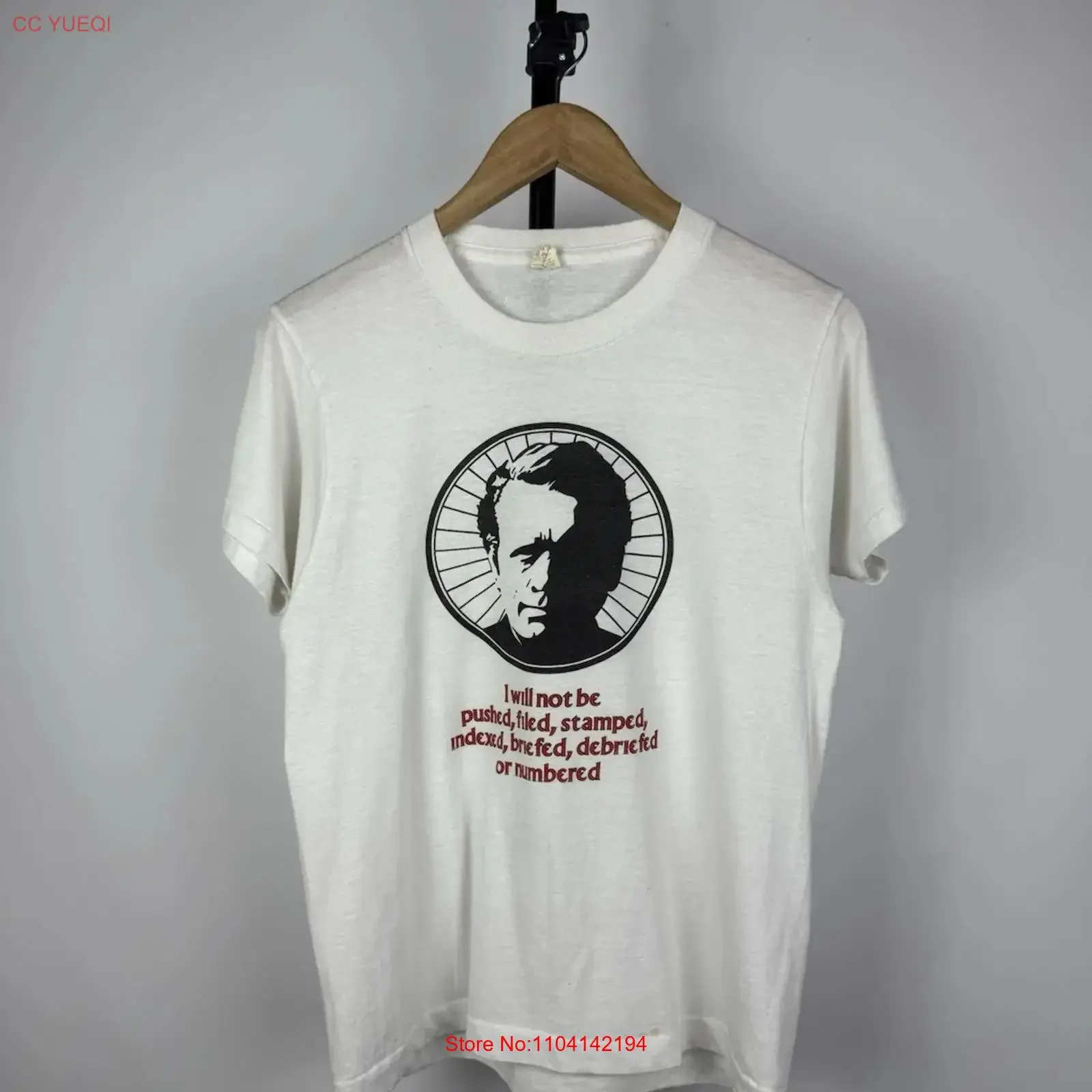 70s The Prisoner Patrick McGoohan TV Show I Will Not Be Pushed Quote TEE M Size vintage Washed Breathable designer clothes