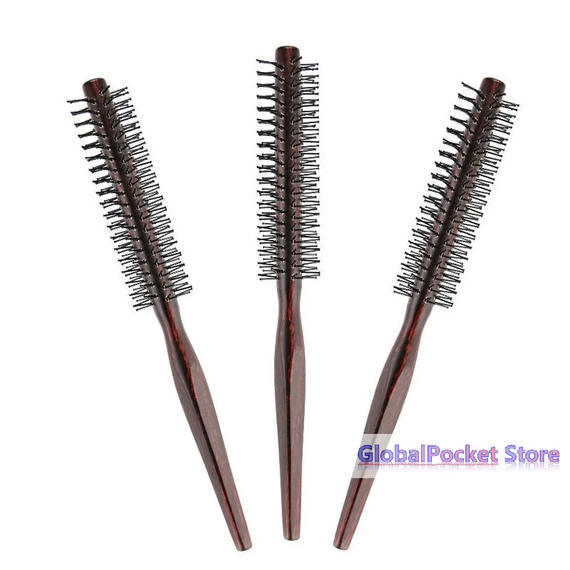 [TG823]Curly Hair Styling Roller Comb Mini Round Nylon Hair Brush With Wooden Handle For Thin Or Short Hair Men  Women Use