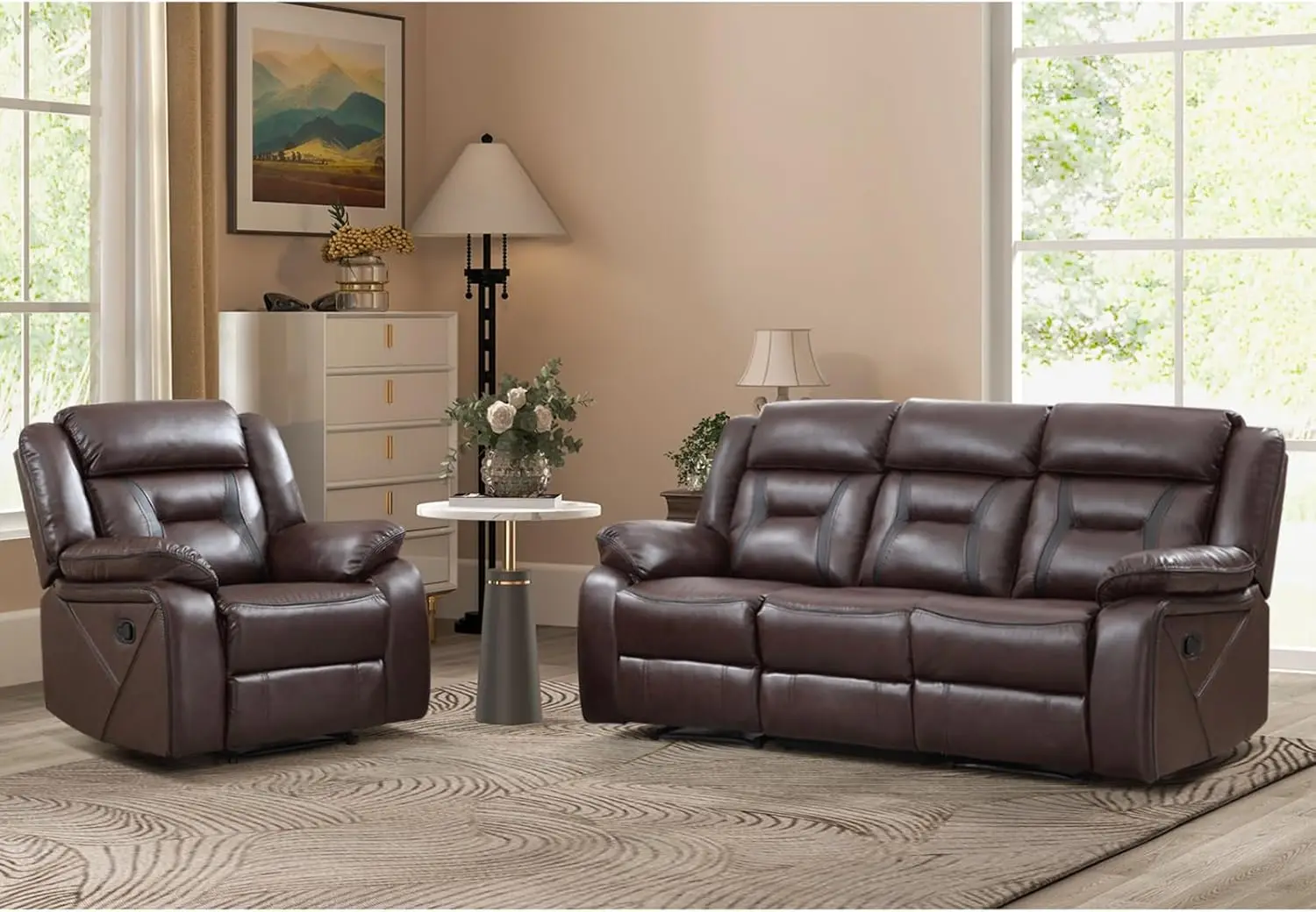 Faux Leather Reclining Living Room Furniture Set, Included Recliner Chair and 3 Seat Manual Recliner Sofa