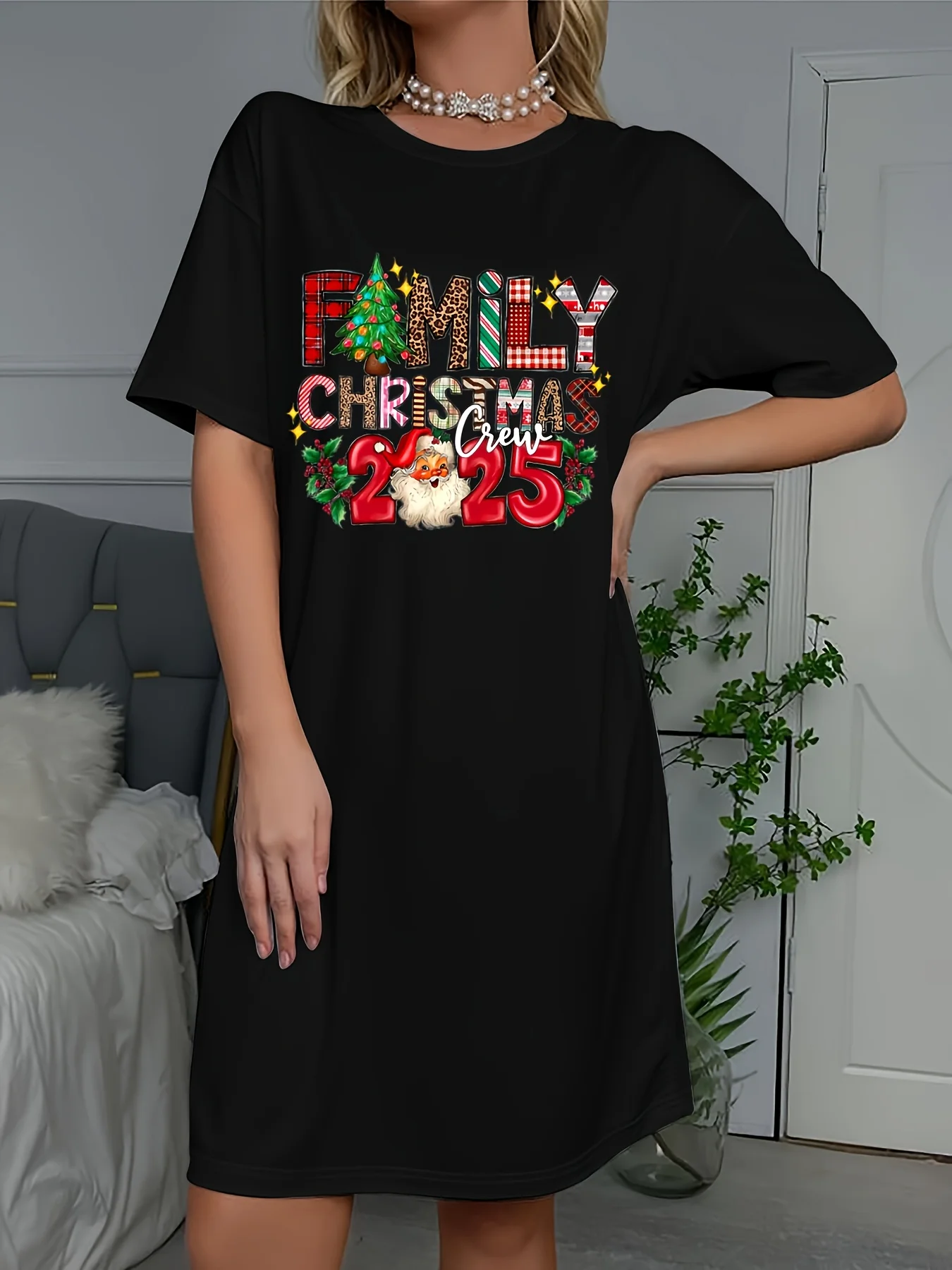 Vestido de natal feminino família natal 2025 impressão a linha vestido feminino véspera de ano novo vestido de festa feminino de manga curta y2k