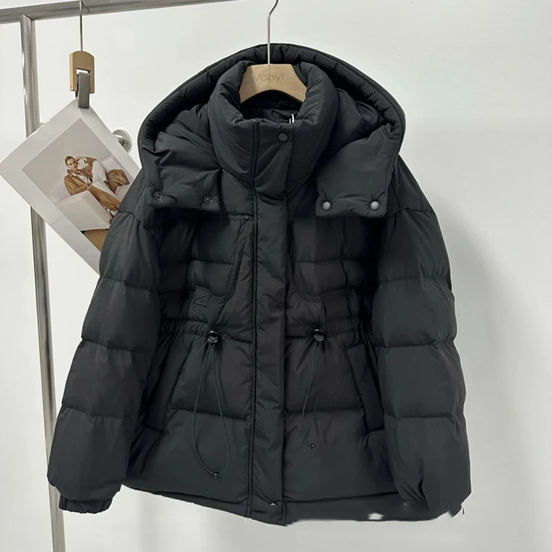 

Winter Hooded Fluffy Mid Length Down Jacket Female Warm Zipper Parker Outwear Women Waist Drawstring White Duck Down Down Jacket