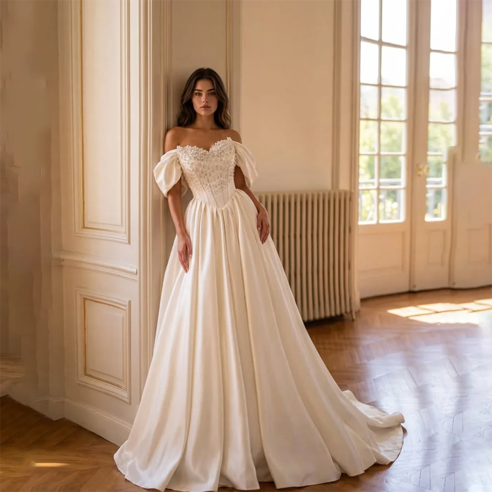 Exquisite Pearl Beaded Wedding Dresses Off Shoulder Corset Bodice Satin Ball Gown Floor Length Bridal Gowns for Women Customized