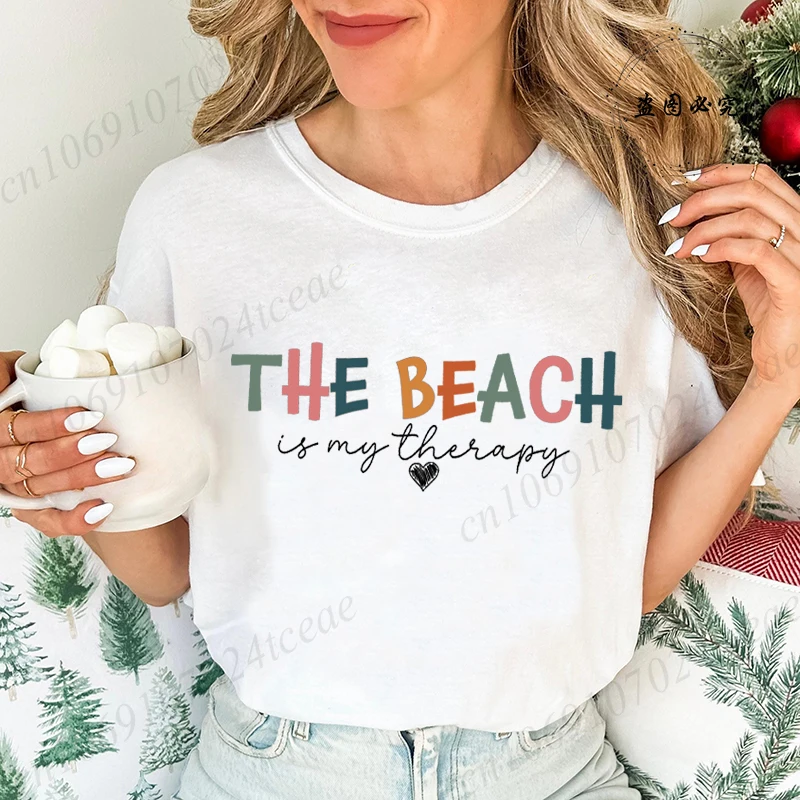 The Beach Is My Therapy Tshirt Cozy T-Shirt Men Women Travel Graphic T Shirts Harajuku Fashion Vintage T Shirt Unisex Streetwear
