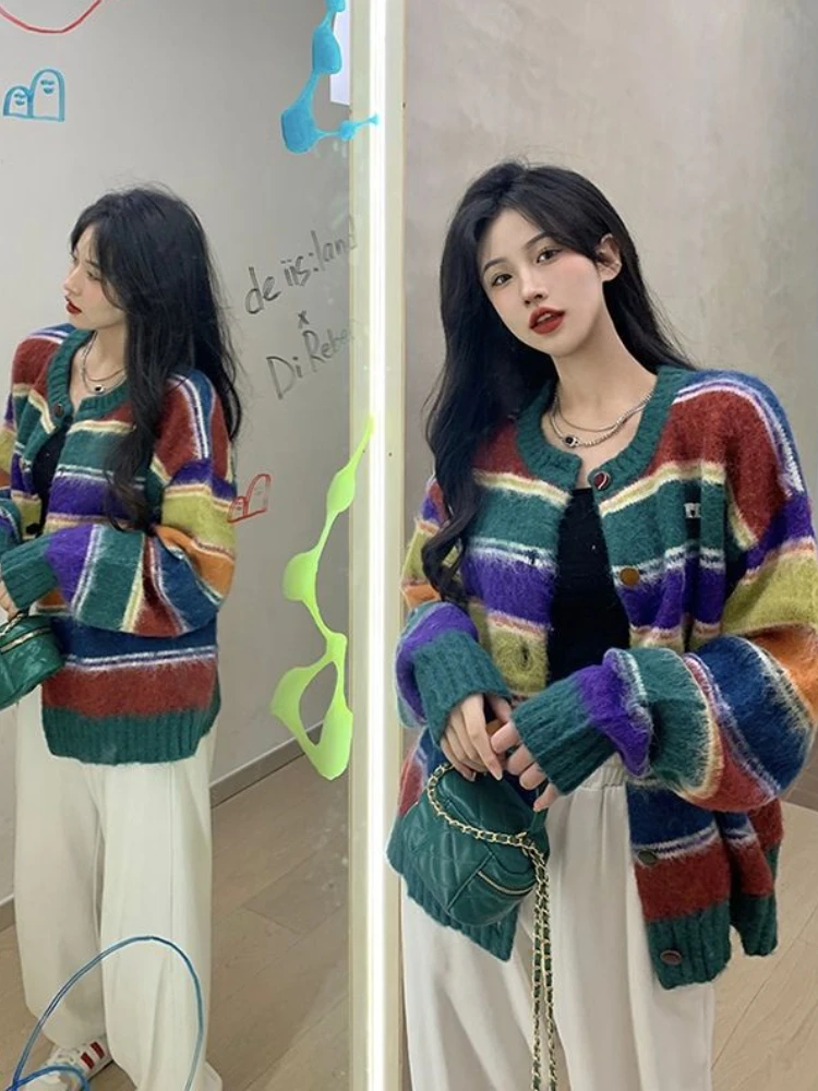 Striped Panelled Cardigan Women Harajuku Colorful Loose Sweet Cute Elegant Casual V-neck Autumn Clothing Sweater Korean Fashion