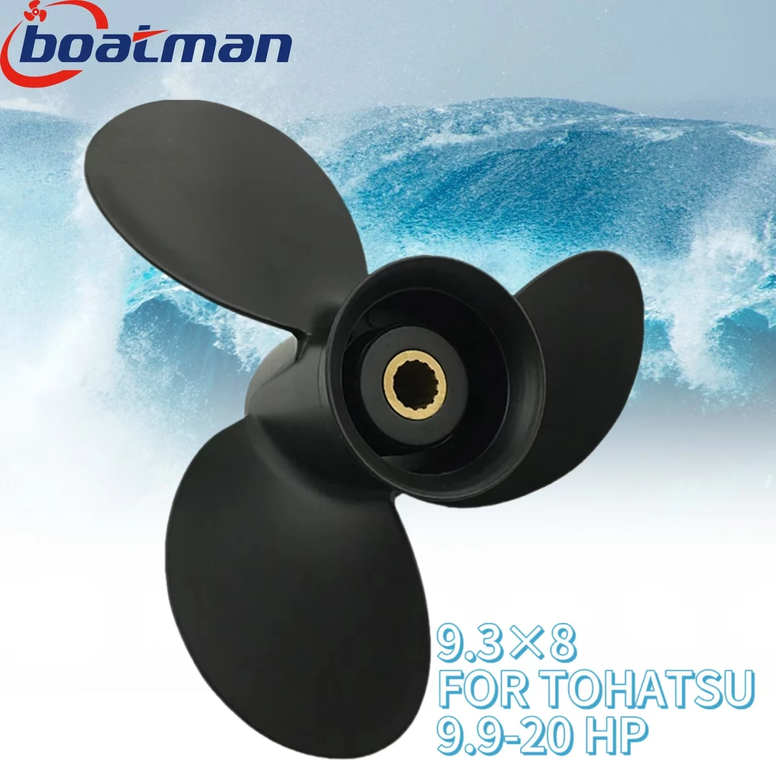 BoatMan® Propeller 9.3x8 For Tohatsu Outboard Engine 9.9HP 12HP 15HP 18HP 20HP 14 Tooth Spline Aluminum 3BAB64516-0