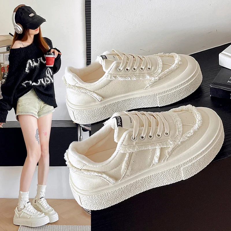 2025Women Beige Platform Sneakers Tassels Lace Up Canvas Flat Shoes Student Casual Sports Running Shoes New  Vulcanized Shoe