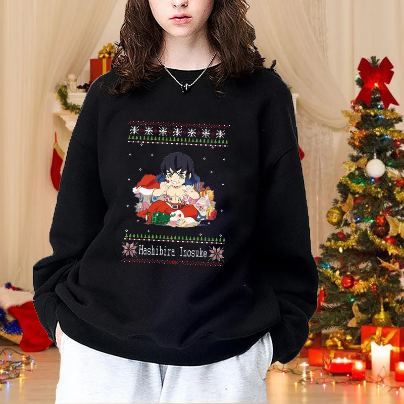 Cute Christmas Hashibira Inosuke Printed Sweatshirt New Casual Long Sleeve Round Neck Anime Christmas Pullover