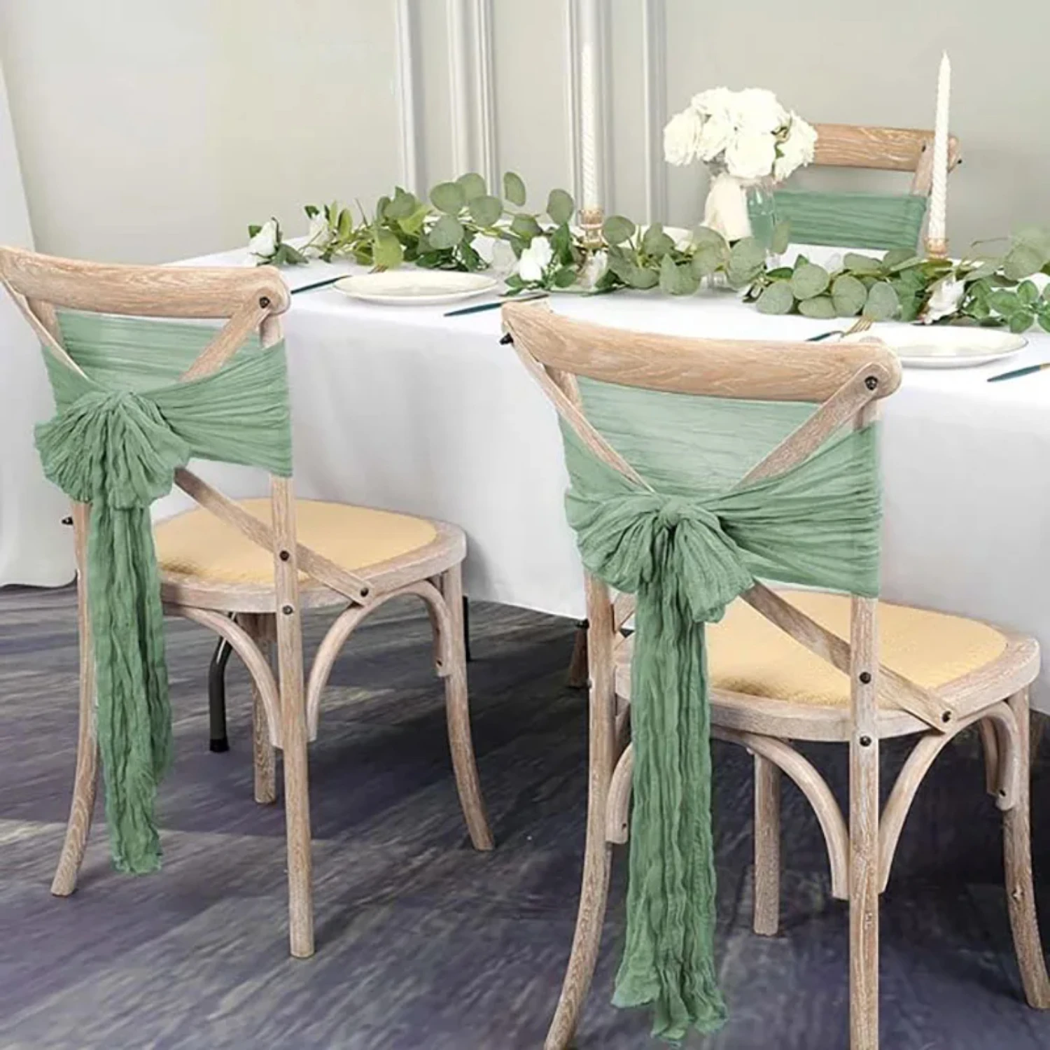 10pcs Sage Green Cheesecloth Chair Sashes Rustic Bowknot Designed Chair Cover  Wedding Banquet Party Chair decor 90X180cm