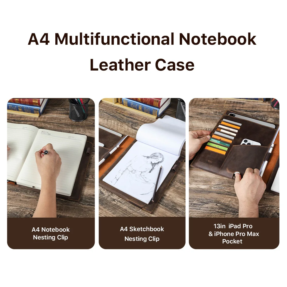 Luxury Retro Genuine Leather Travel A4 Notebook Cover Portfolio File Folder iPad 13 Pro Case Office Men Iphone 16 Pro Max Holder