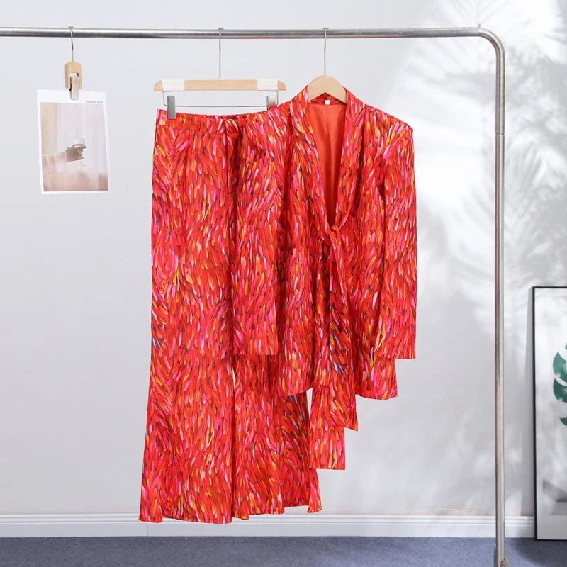 Modisches Damen-Blazer-Set mit Print, 2026, Langarm, Gürtel, V-Ausschnitt, Tailliert, Schlanke Damenjacke, Weite Hose, 2-teiliges Set – Detail 6