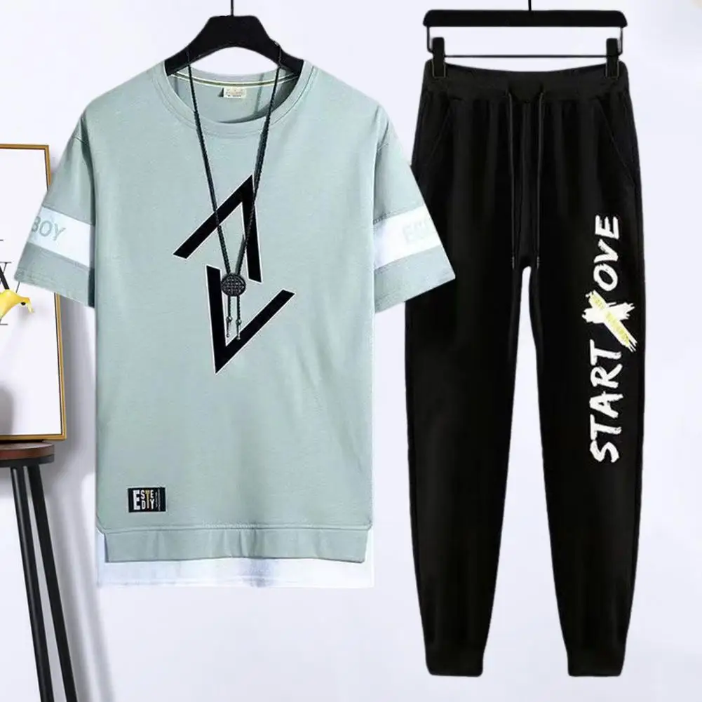 Men Lettering Sportswear Set Men's Casual Letter Printing T-shirt Wide Leg Sweatpants Set for Quick Drying Sportswear Elastic