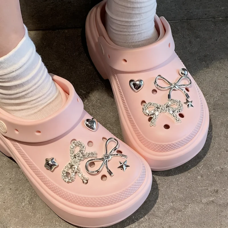 Luxury Rhinestore Bowknot Clogs Accessories Summer 2026 Y2K Metal Heart Shoes Charms Set Woman's Designer Shoes Decorations image 5