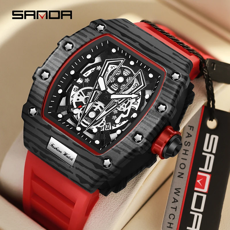 SANDA Top Brand Luxury Sports Quartz Wristwatches for Men Military Chronograph Tonneau Watch Silicone Strap Quartz Watches