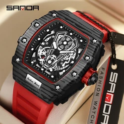 SANDA Top Brand Luxury Tonneau Watch for Men Military Chronograph Sport Wristwatch Waterproof Silicone Strap Quartz Watches