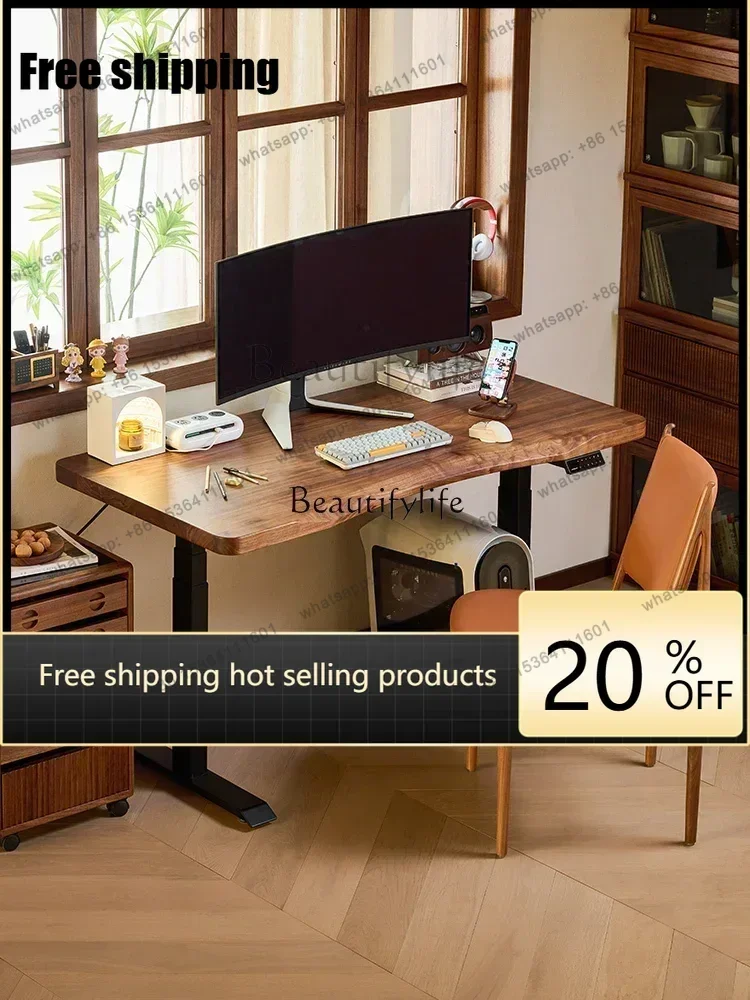 Customizable Black Walnut Solid Wood Electric Lifting Desk Learning Office Workbench Automatic Smart Computer Desk