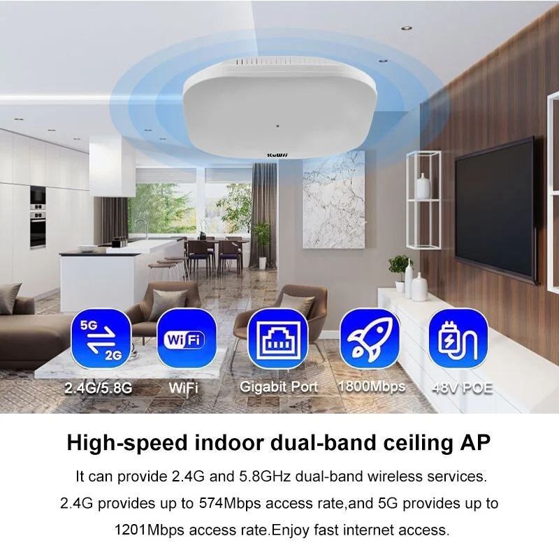 KuWfi 1800Mbps Dual Band Ceiling Wireless AP Router 2.4G 5G Wifi6 Access Point Gigabit WAN LAN Port 48V POE Built-in Antennas