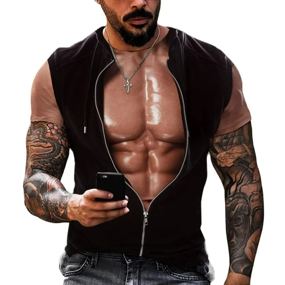 Summer Men\'s Fake Muscle Tattoo 3D Print T-Shirt Funny Oversized Muscular Clothes Short Sleeve Fitness Sports Tee Shirt Y2k Tops