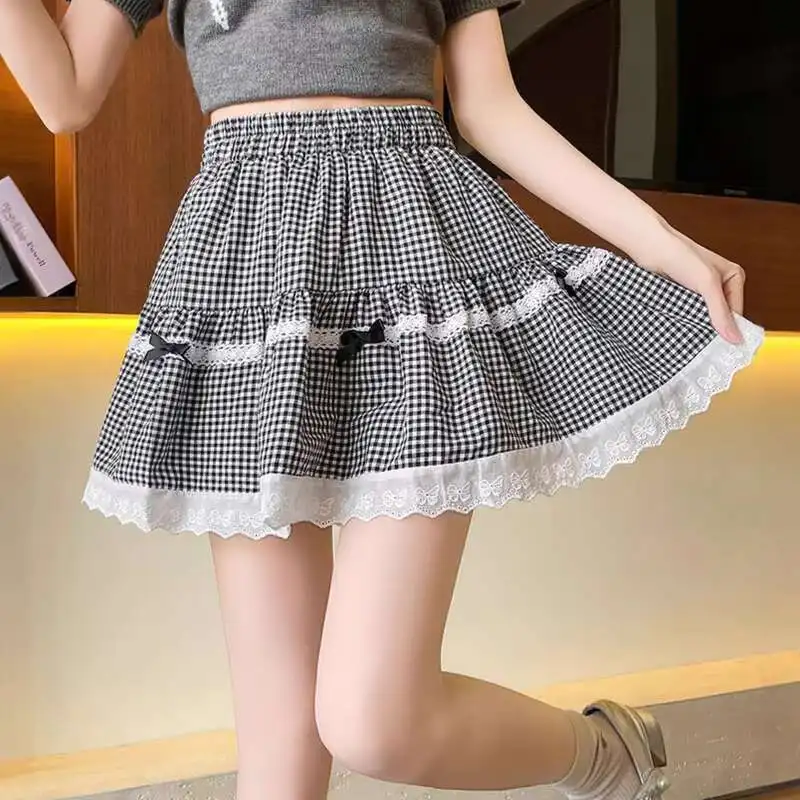 Women's Bow Tie Lace Patchwork Plaid Short Skirt With Shorts Female Sweet Cut Preppy Style A-line Skirts