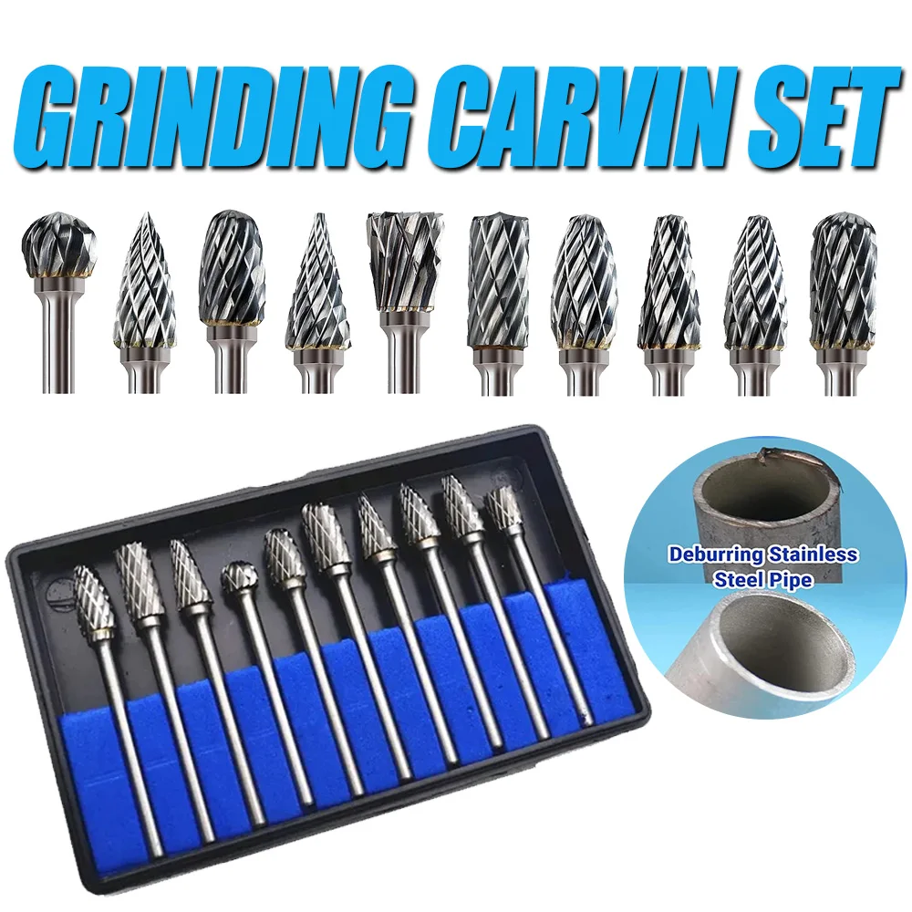 

10pcs Carbide Burr Set, Hard Alloy Tungsten Steel Double Cut Rotary File Milling Cutter Head, Woodworking Grinding Carvin