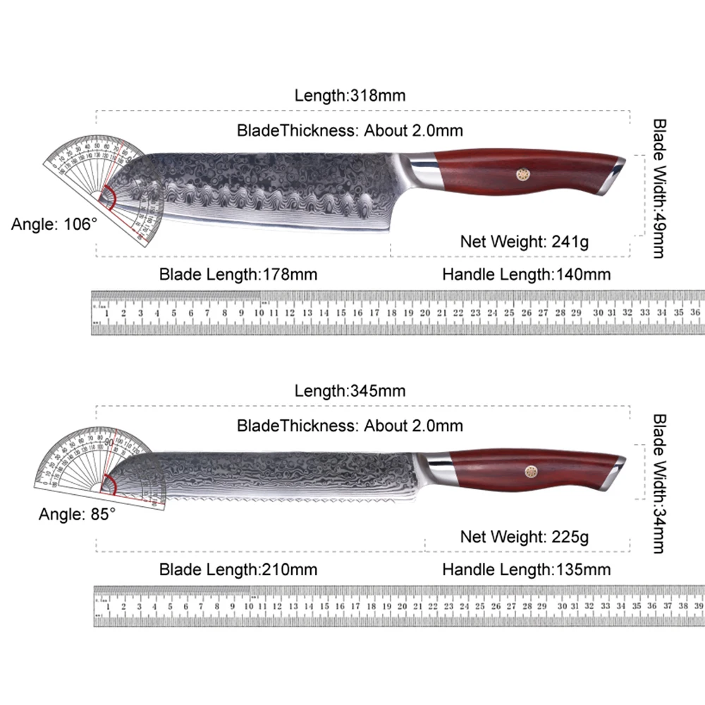 Amberknife 67 Layer VG10 Damascus Steel Rosewood Ergonomic Handle Chef Santoku Bread Utility Paring Kitchen Knife Set