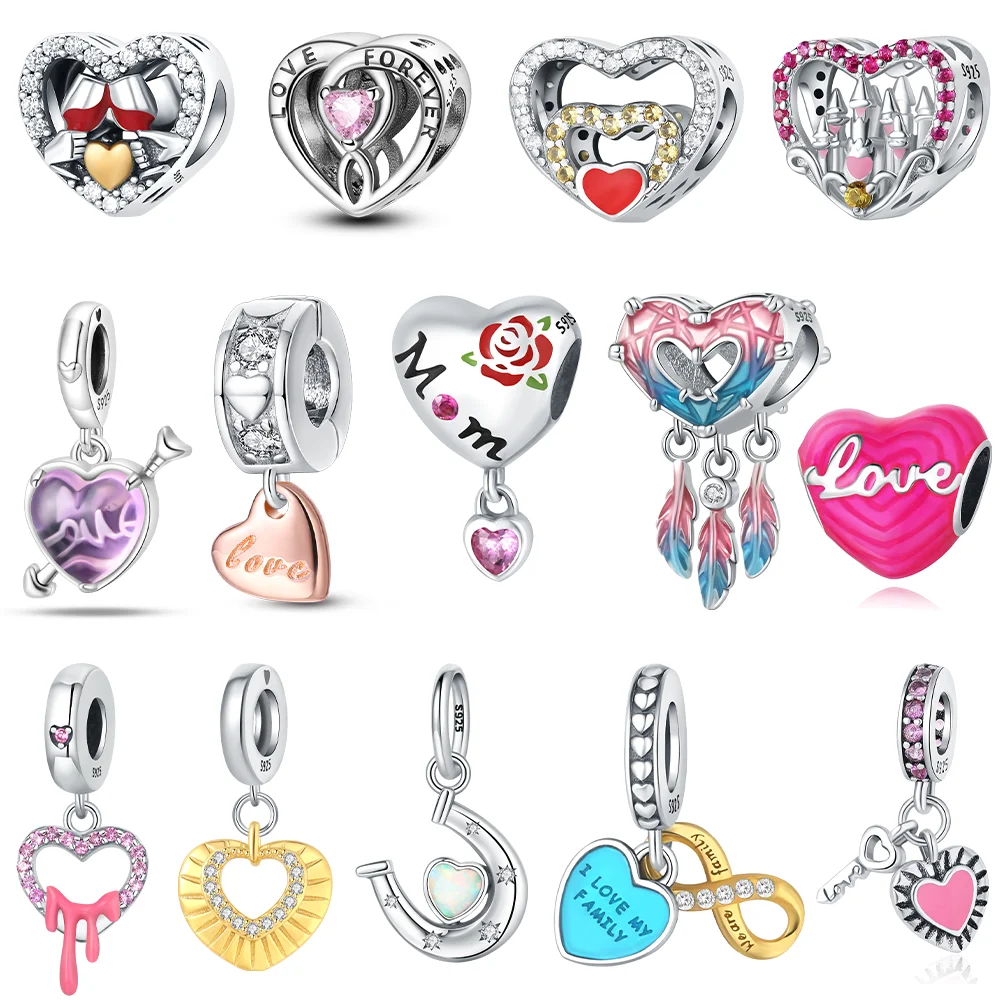 

Подвеска-шарм из серебра 925 пробы, сертифицированный оригинал, розовое сердце, перо, ключ, бусины для браслета, женские украшения, изысканный подарок, DIY