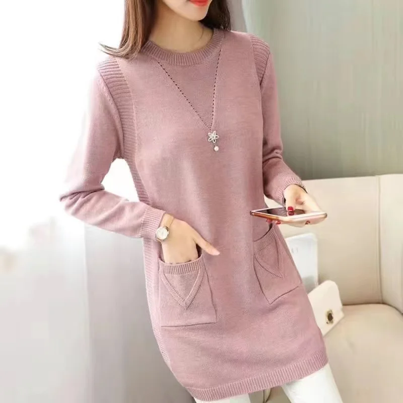 Women Pullover Sweater New Autumn Winter Long-sleeved Warm Sweater O-neck Solid Large size Mid-Long Jumper Sweater Female Tops