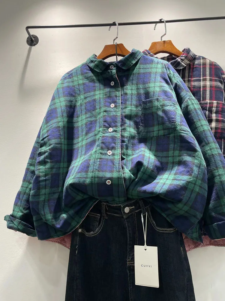 

Winter Women's Thiened Cotton Flannel irt Coat Korean Sle Plaid Turn-down Collar Long Sve Loose Outerwear