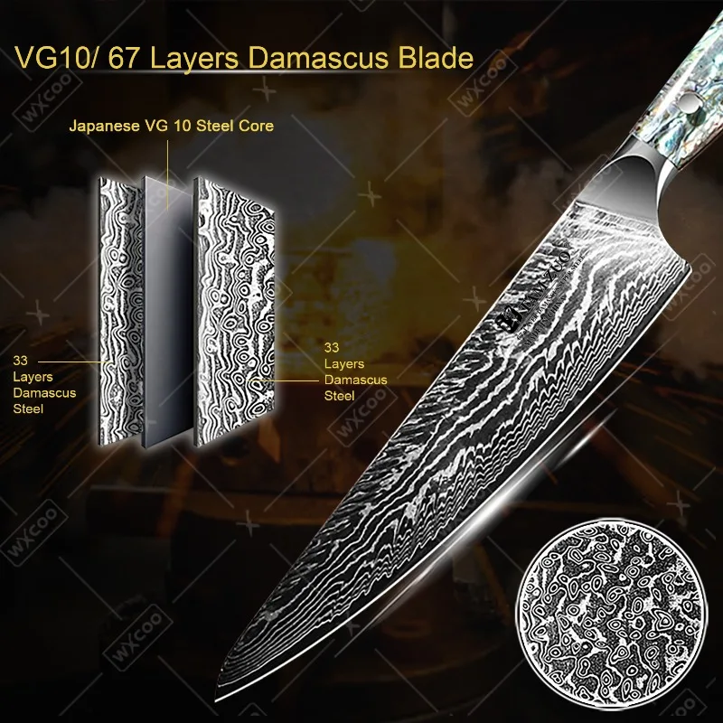 WXCOO 1-4PC Knife Set Damascus Steel Chef Knife Ultra-Sharp Kitchen Knives Japanese Santoku Meat Cleaver Boning Knife with Box