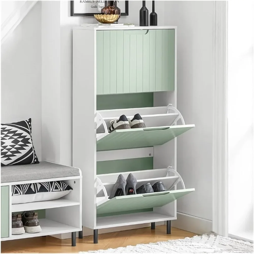 Green Shoe Cabinet with 3 Flip-Drawers，Freestanding Shoe Rack，Storage，Shoe Organiazer for Entrance Hall