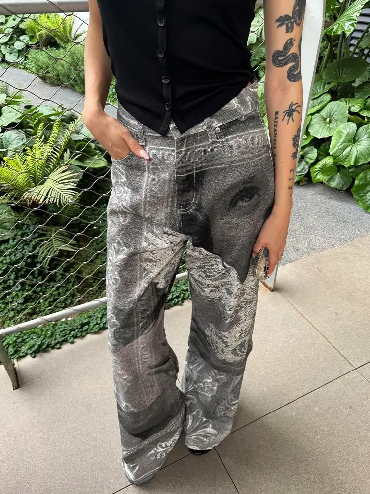 女性のグレープリントジーンズカーゴだぶだぶ Y2K 日本原宿ハイストリート美的ヴィンテージ 2000S カジュアルパンツジーンズ服新しい